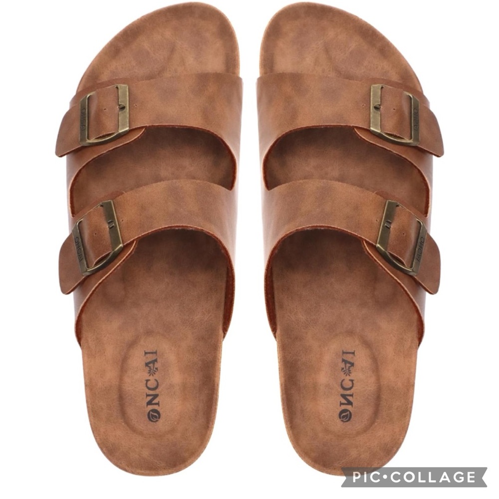Oncai Khaki Brown Double Buckle Comfort Insole Cork Footbed Slide Sandals